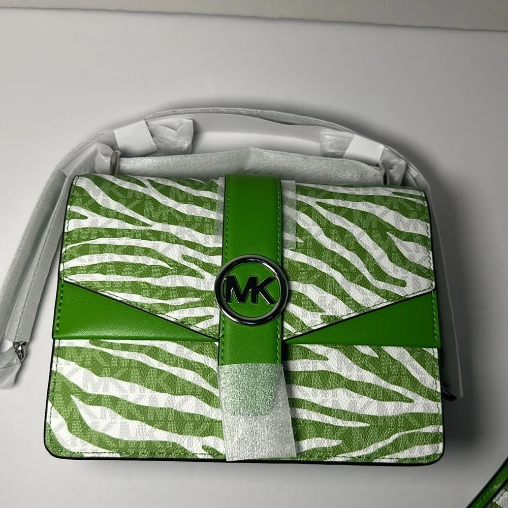 Michael Kors Greenwich Small Green Zebra Animal Print Crossbody Bag & Wallet Set